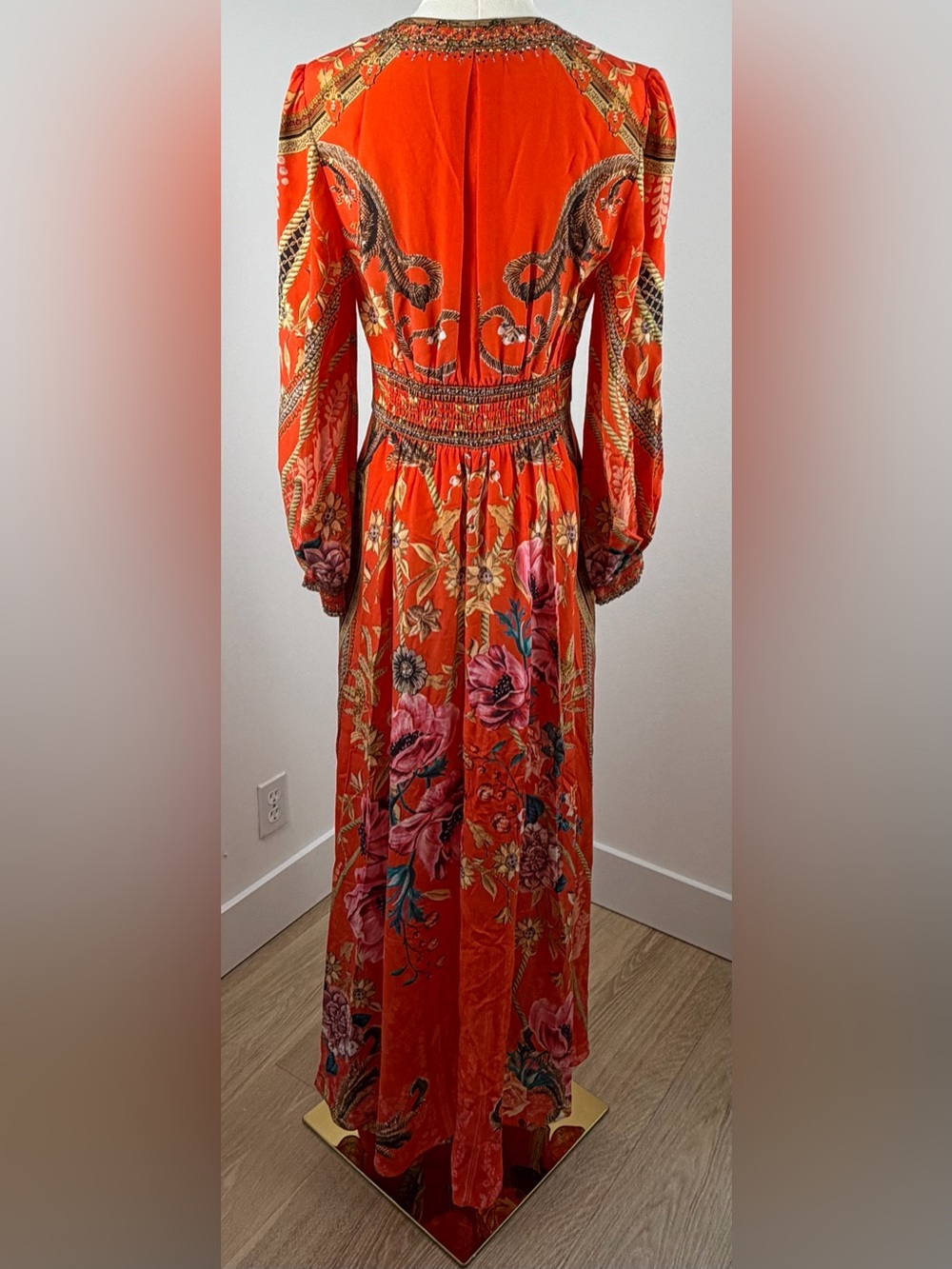 Camilla Orange Red Silk Floral Deep-V Maxi Dress - Picture 3 of 10